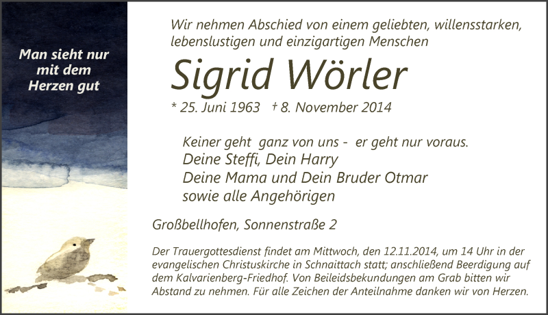  Traueranzeige für Sigrid Wörler vom 10.11.2014 aus Pegnitz-Zeitung